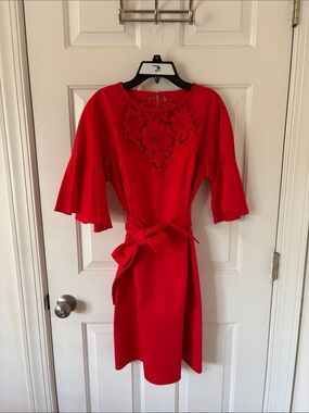 Red Embroidered -Accent Belted Women's Dress Cotton Flow Sleeve by Karen Millen